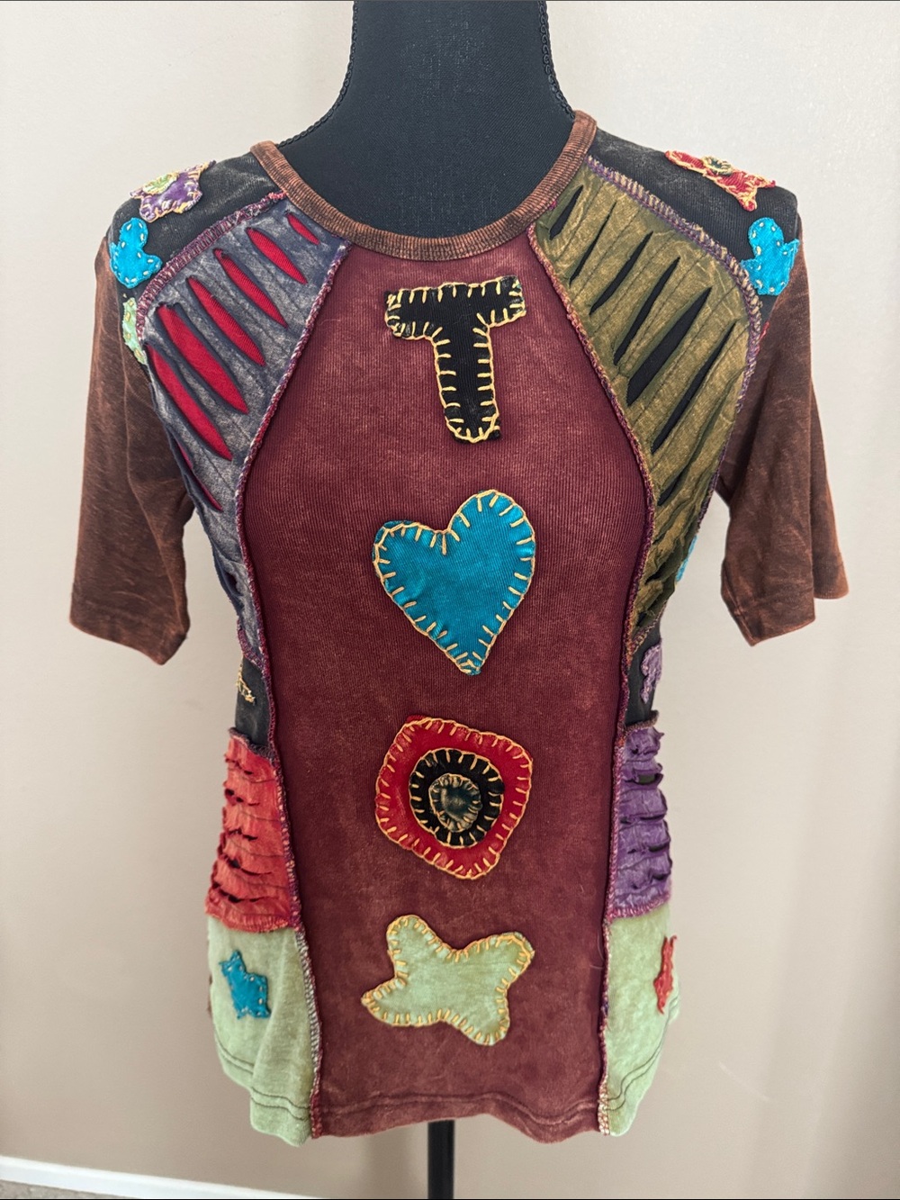 Rising International Brown Multicolor Appliqué Patch Tee